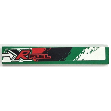 green tile 1 x 6 with white arrow and red xrfuel pattern on left sticker - set 8184