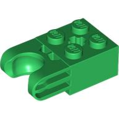 green technic brick modified 2 x 2 with ball socket and axle hole - straight forks with round ends and closed sides