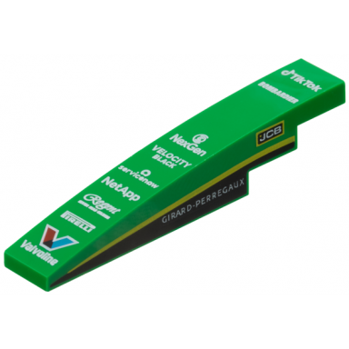 green slope curved 6 x 1 with white tiktok bombardier nexgen velocity black servicenow netapp regent pirelli valvoline jcb and girard-perregaux logos black panel and yellow stripe on both sides pattern