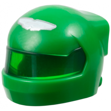 green minifigure headgear helmet formula one with molded trans-green visor and printed silver and white aston martin logo pattern