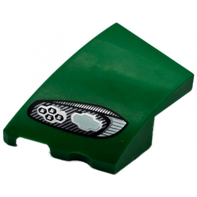 green wedge 3 x 2 left no studs with aston martin car headlight black outline white and silver stripes and 2 bulbs pattern
