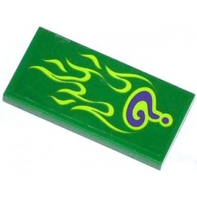 green tile 2 x 4 with dark purple question mark and lime flames pattern sticker - set 76012