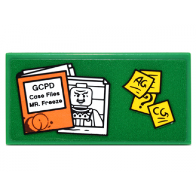 green tile 2 x 4 with orange case file with gcpd case files mr freeze mugshot and yellow notes pattern sticker - set 76052