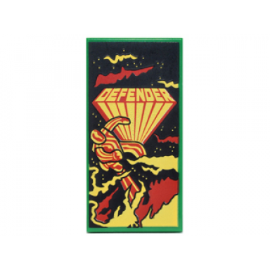 green tile 2 x 4 with yellow and red defender figure with stripes and smoke and fire pattern