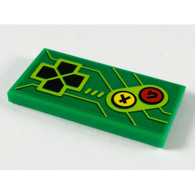 green tile 2 x 4 with arcade game controls black directional pad yellow and red buttons and lime lines pattern sticker - set 71716