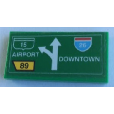 green tile 2 x 4 with road sign with airport downtown arrow 15 26 and 89 pattern sticker - set 76057