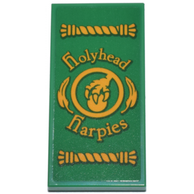green tile 2 x 4 with bright light orange ropes feathers circle emblem with bird claw and holyhead harpies pattern sticker - set 76437