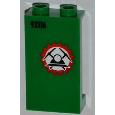 green panel 1 x 2 x 3 with side supports - hollow studs with miners logo helmet with crossed pickaxes and 92116 pattern left sticker - set 4203