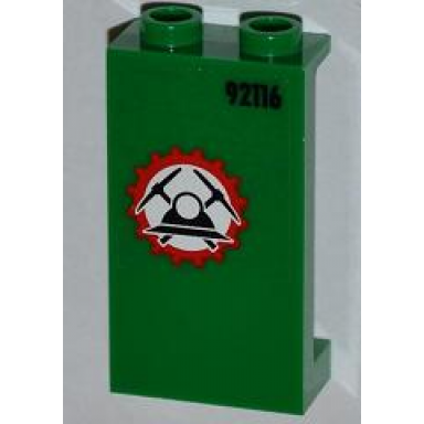 green panel 1 x 2 x 3 with side supports - hollow studs with miners logo helmet with crossed pickaxes and 92116 pattern right sticker - set 4203