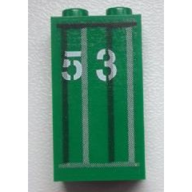 green panel 1 x 2 x 3 with side supports - hollow studs with 53 and black and light gray vertical stripes pattern sticker - set 9486