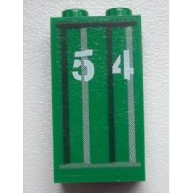green panel 1 x 2 x 3 with side supports - hollow studs with 54 and black and light gray vertical stripes pattern sticker - set 9486