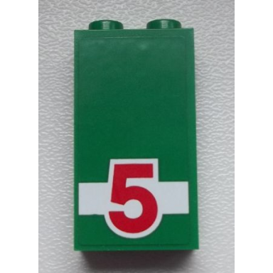 green panel 1 x 2 x 3 with side supports - hollow studs with red 5 on white stripe pattern sticker - set 60025