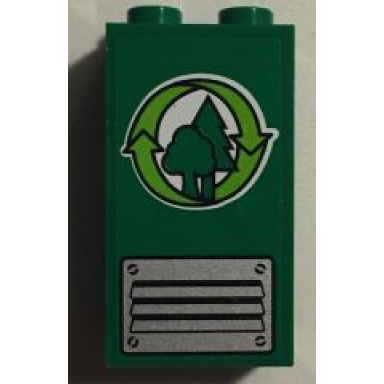 green panel 1 x 2 x 3 with side supports - hollow studs with arrows and trees and air vent and rivets pattern sticker - set 60059