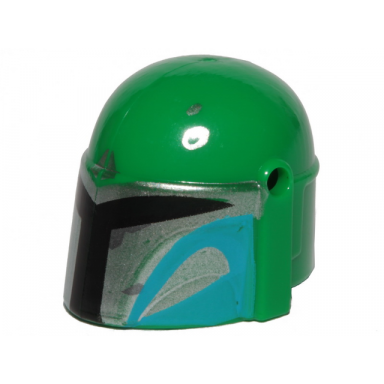 green minifigure headgear helmet with holes sw mandalorian with silver and medium azure pattern