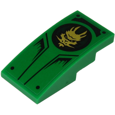 green slope curved 4 x 2 with gold dragon head in circle and black lines and dots pattern sticker - set 71700