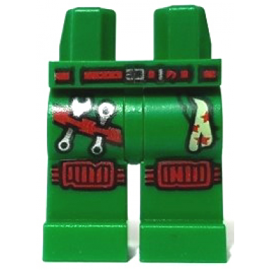 green hips and legs with red belt silver buckle knee pads tool belt with tools handkerchief with stars pattern