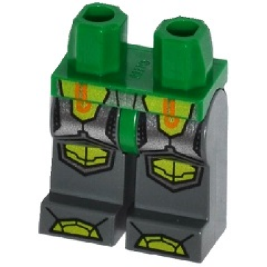 green hips and dark bluish gray legs with orange and gold circuitry silver armor and lime knee pads and boots pattern