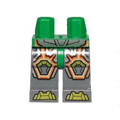 green hips and dark bluish gray legs with lime armor and orange and yellow circuitry lime hexagonal knee pads and lime boots pattern