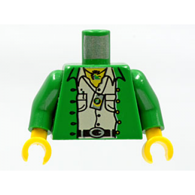 green torso jacket open over tan shirt with buttons and pockets black belt with silver buckle necklace pen compass yellow neck pattern green arms yellow hands