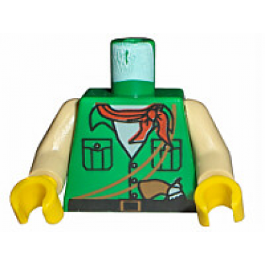 green torso shirt with buttons and pockets over white undershirt black belt with brown buckle red neckerchief ropes pistol pattern tan arms yellow hands