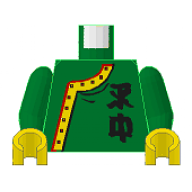 green torso adventurers orient side-buttoned shirt with chinese characters pattern green arms yellow hands
