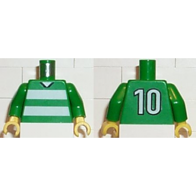 green torso soccer uniform shirt with white horizontal stripes neck and number 10 on back pattern green arms yellow hands