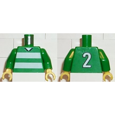 green torso soccer uniform shirt with white horizontal stripes neck and number 2 on back pattern green arms yellow hands