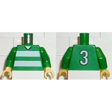 green torso soccer uniform shirt with white horizontal stripes neck and number 3 on back pattern green arms yellow hands