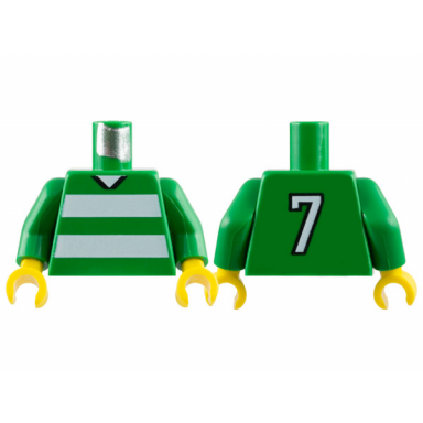 green torso soccer uniform shirt with white horizontal stripes neck and number 7 on back pattern green arms yellow hands