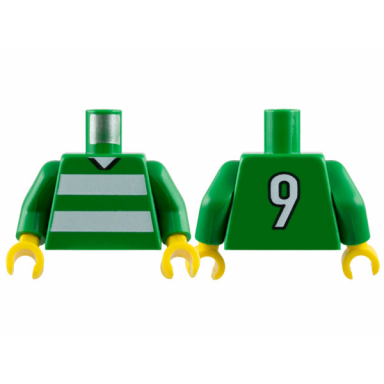green torso soccer uniform shirt with white horizontal stripes neck and number 9 on back pattern green arms yellow hands