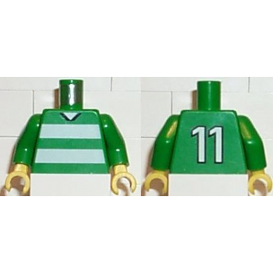 green torso soccer uniform shirt with white horizontal stripes neck and number 11 on back pattern green arms yellow hands
