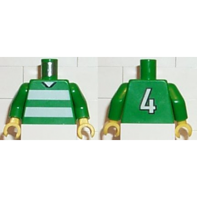 green torso soccer uniform shirt with white horizontal stripes neck and number 4 on back pattern green arms yellow hands