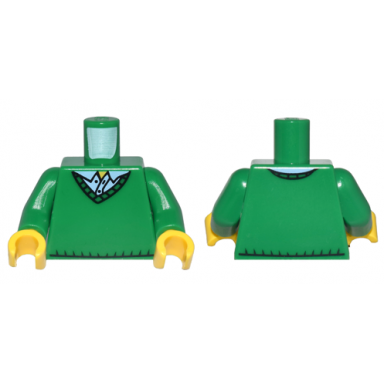 green torso sweater v-neck over button down bright light blue shirt collar with 2 buttons and yellow neck pattern green arms yellow hands