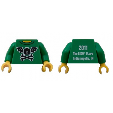 green torso black bat minifigure head with wings and crossbones yellow neck 2011 the lego store indianapolis in on back pattern green arms yellow hands