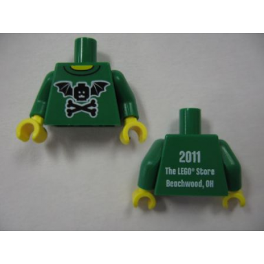 green torso black bat minifigure head with wings and crossbones yellow neck 2011 the lego store beachwood oh on back pattern green arms yellow hands