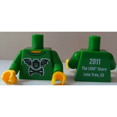 green torso black bat minifigure head with wings and crossbones yellow neck 2011 the lego store lone tree co on back pattern green arms yellow hands