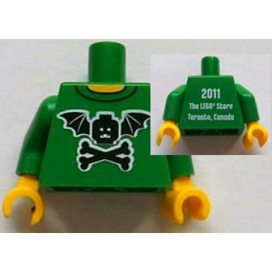 green torso black bat minifigure head with wings and crossbones yellow neck 2011 the lego store toronto canada on back pattern green arms yellow hands