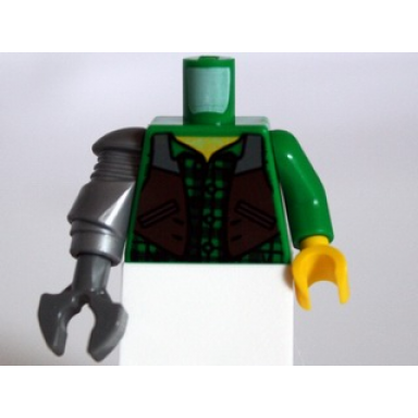 green torso checkered shirt and dark brown vest pattern jack mchammer green arm and yellow hand left flat silver mech arm and dark bluish gray claw right