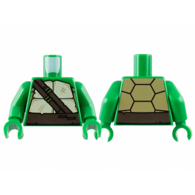 green torso tan and dark tan turtle shell dark brown belt and straps pattern green arms green hands