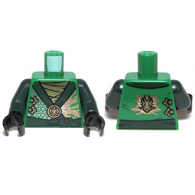 green torso ninjago robe with dark green sash and golden power emblem pattern dark green arms black hands