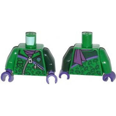 green torso batman zipper jacket with question marks and dark purple scarf pattern dark green arm left green arm right dark purple hands