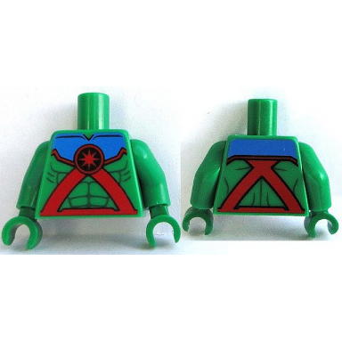 green torso muscles outline with red straps medallion and blue top pattern green arms green hands