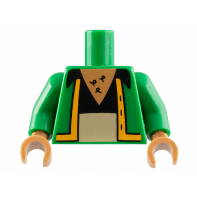 green torso simpsons jacket with bright light orange trim over black shirt with collar tan pants top medium nougat chest with hair pattern green arms medium nougat hands