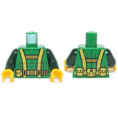 green torso muscles outline with yellow harness straps and utility belt pattern dark green arms yellow hands