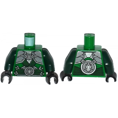 green torso ninjago shoulder armor with dark green belts and dragon emblem pattern dark green arms black hands