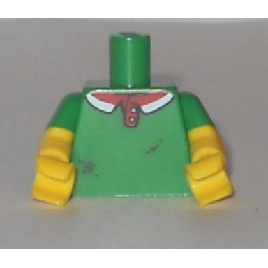 green torso polo shirt with red and white collar pizza sauce stains on front pattern yellow arms with molded green short sleeves pattern yellow hands