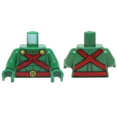 green torso muscles outline with red straps and belt yellow clasps and cord pattern green arms green hands