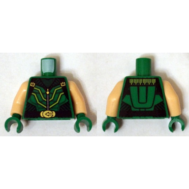 green torso black striped vest with clasps and lime lines zipper belt with gold buckle and muscles pattern green arrow light nougat arms green hands