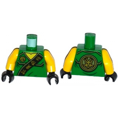 green torso ninjago robe with gold asian characters on black sash and lloyd power emblem pattern yellow arms black hands