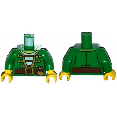 green torso pirate jacket open with gold trim over shirt with red and white horizontal stripes reddish brown belt with buckle medium nougat pouch yellow neck pattern green arms yellow hands